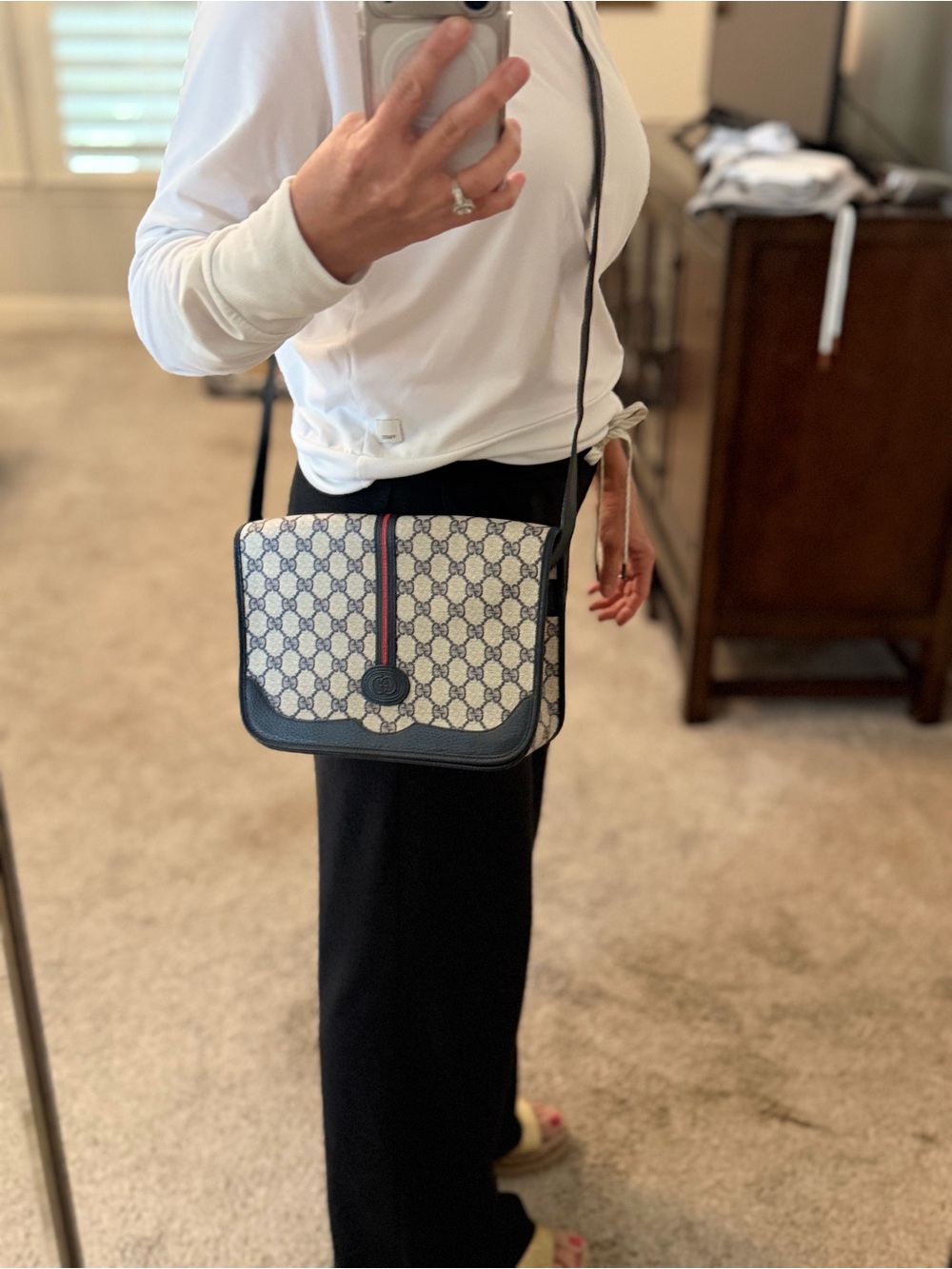 Gucci Beige Crossbody with Navy Trim & Red Stripe (matching wallet included)